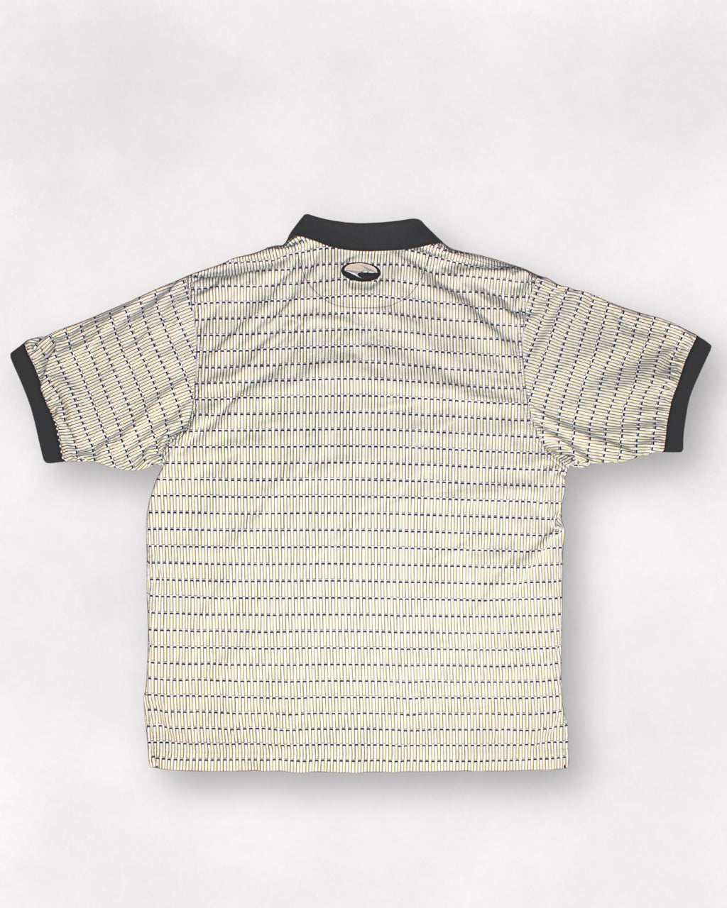 Back view of a patterned shirt on a white background