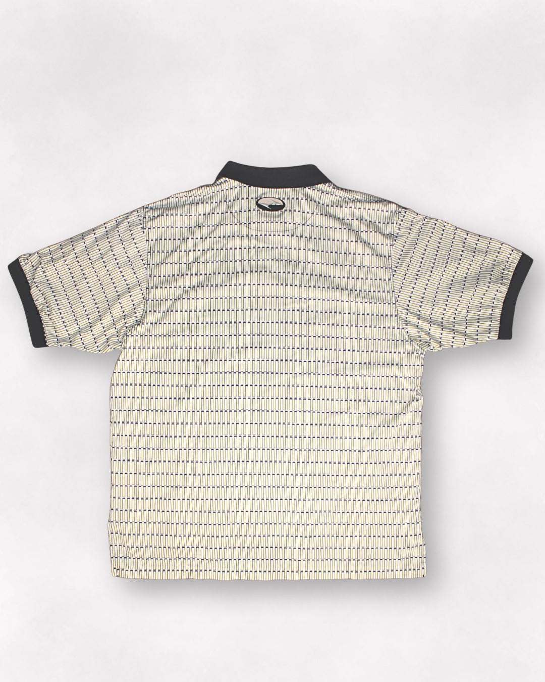 Back view of a patterned shirt on a white background